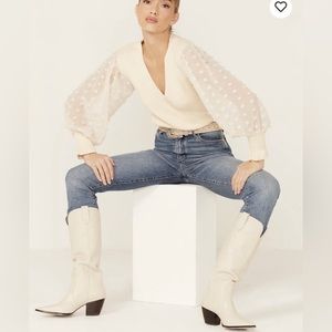 LUSH Chiffon Dot Sleeve Faux Wrap Sweater M Womens